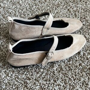 Beige Suede Ballet Flats with Strap